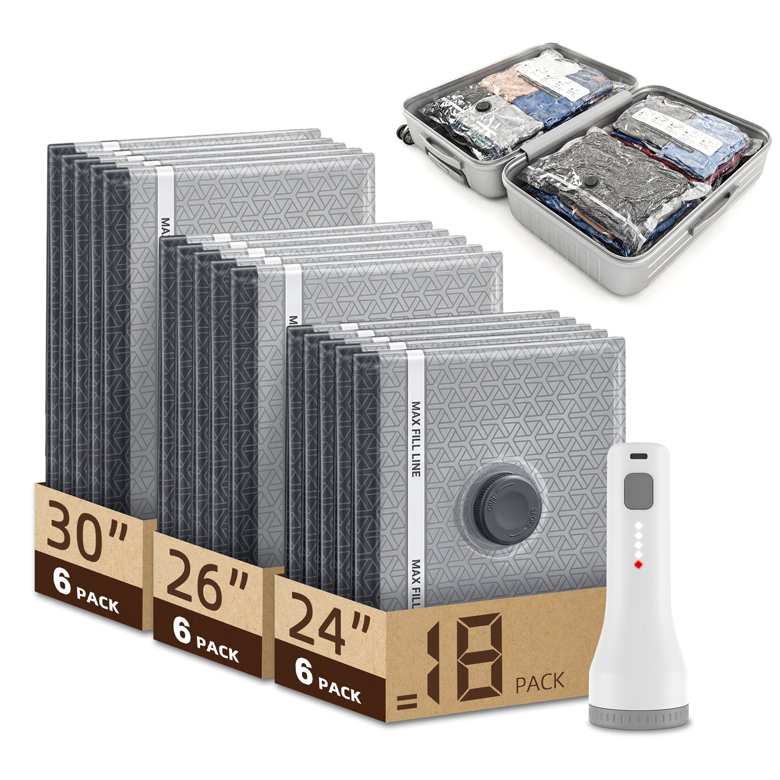 18 Pack Vacuum Storage Bags for Travel with Cordless Pump | 1.5s Hold to Start, 2000mAh Rechargeable, 100+ vacuum seals per charge, 60000Pa suction, for Luggage and Suitcase