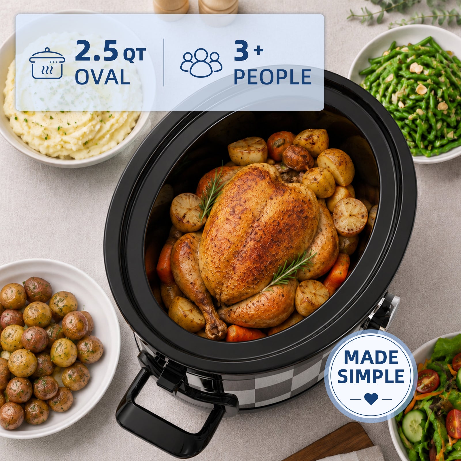 2.5QT Manual Black-White Slow Cooker | Manual Controls with 3 Temperature Settings, Server People 3+, Dishwasher, Glass Lid