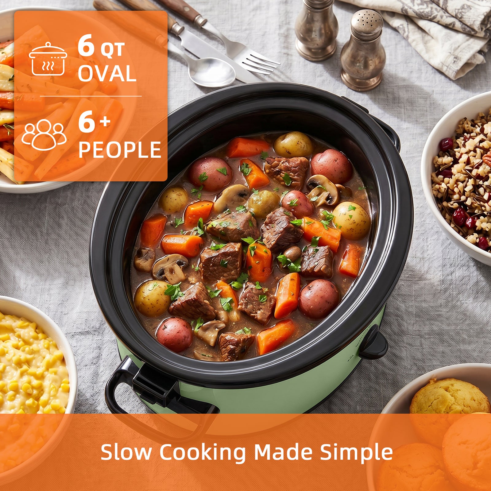 6QT Manual Green slow-cookers | Manual Controls with 3 Temperature Settings, Server People 3+, Dishwasher, Glass Lid