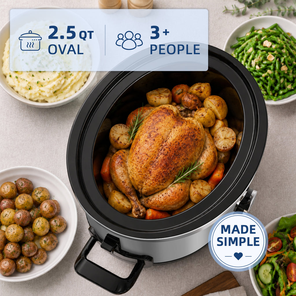 2.5QT Manual Sliver slow-cookers | Manual Controls with 3 Temperature Settings, Server People 3+, Dishwasher, Glass Lid
