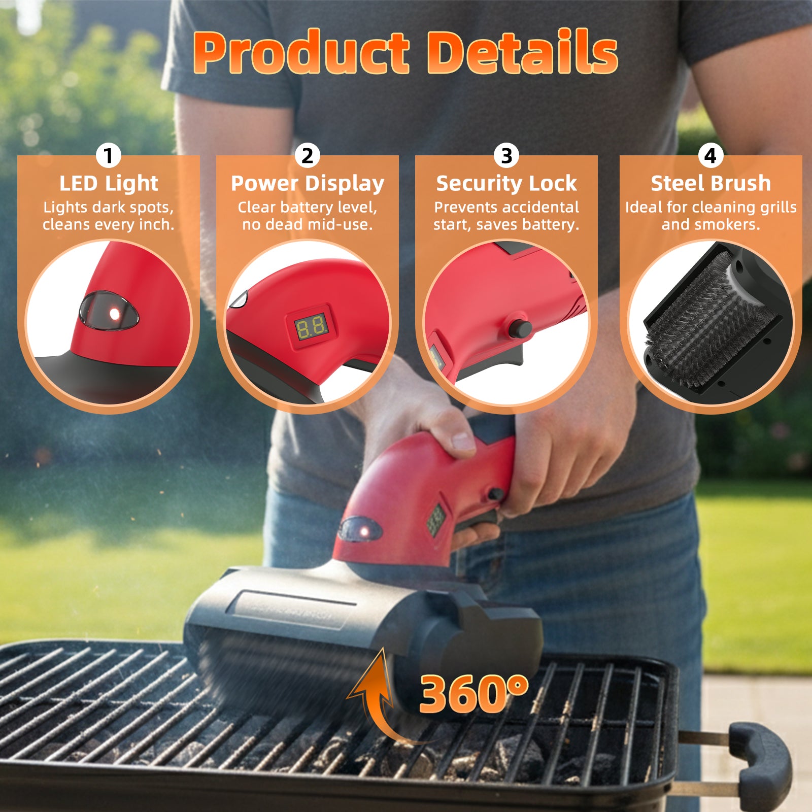 Electric Grill Brush for Outdoor, Upgraded BBQ Grill Cleaner with 3 Heads, 1200 RPM Speed, 304 Stainless Steel Bristle, Cordless & Type-C Rechargeable Grill Cleaning Tool