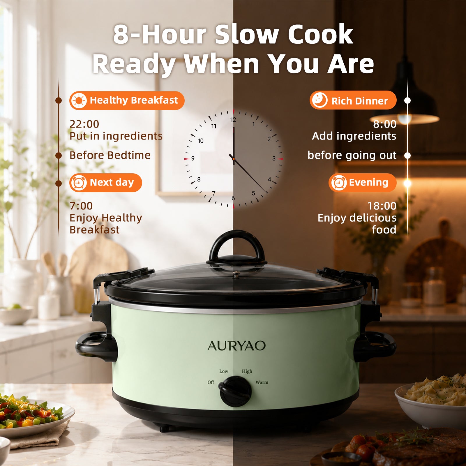 6QT Manual Green slow-cookers | Manual Controls with 3 Temperature Settings, Server People 3+, Dishwasher, Glass Lid