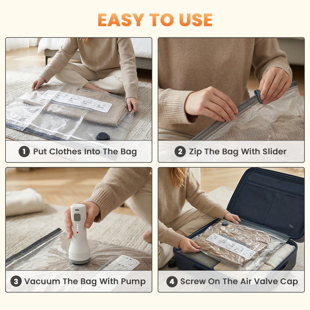 18 Pack Vacuum Storage Bags for Travel with Cordless Pump | 1.5s Hold to Start, 2000mAh Rechargeable, 100+ vacuum seals per charge, 60000Pa suction, for Luggage and Suitcase