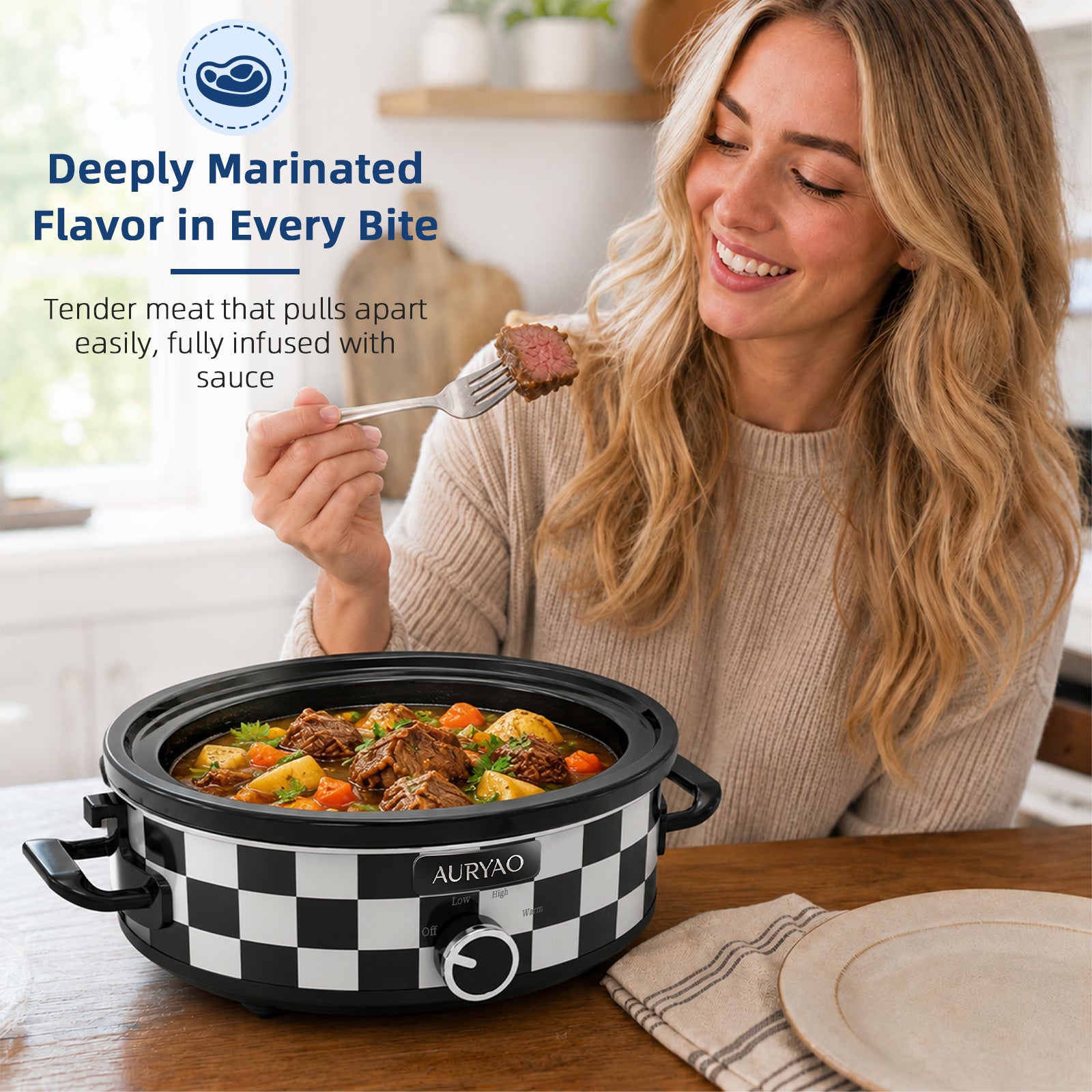 2.5QT Manual Black-White Slow Cooker | Manual Controls with 3 Temperature Settings, Server People 3+, Dishwasher, Glass Lid