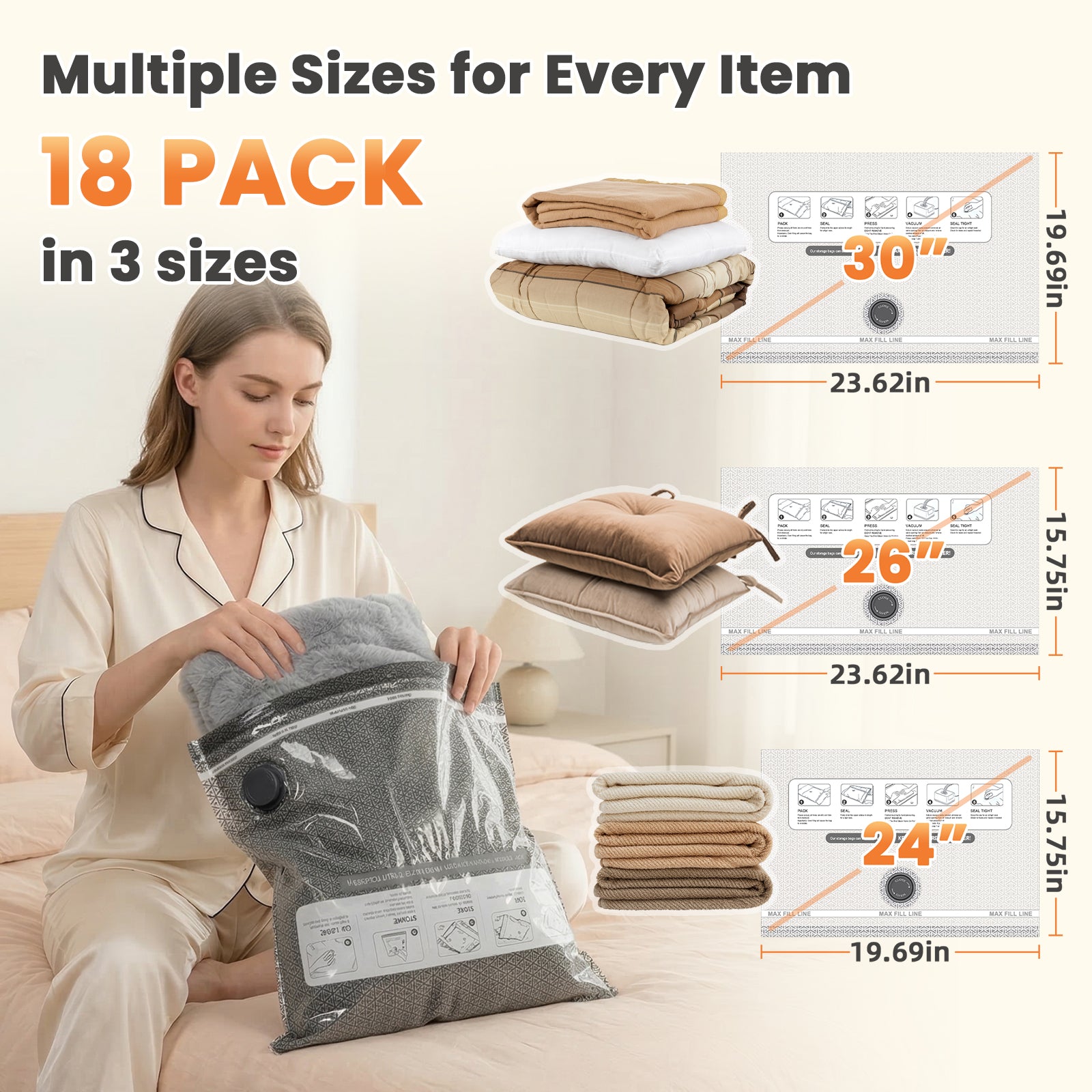 18 Pack Vacuum Storage Bags for Travel with Cordless Pump | 1.5s Hold to Start, 2000mAh Rechargeable, 100+ vacuum seals per charge, 60000Pa suction, for Luggage and Suitcase